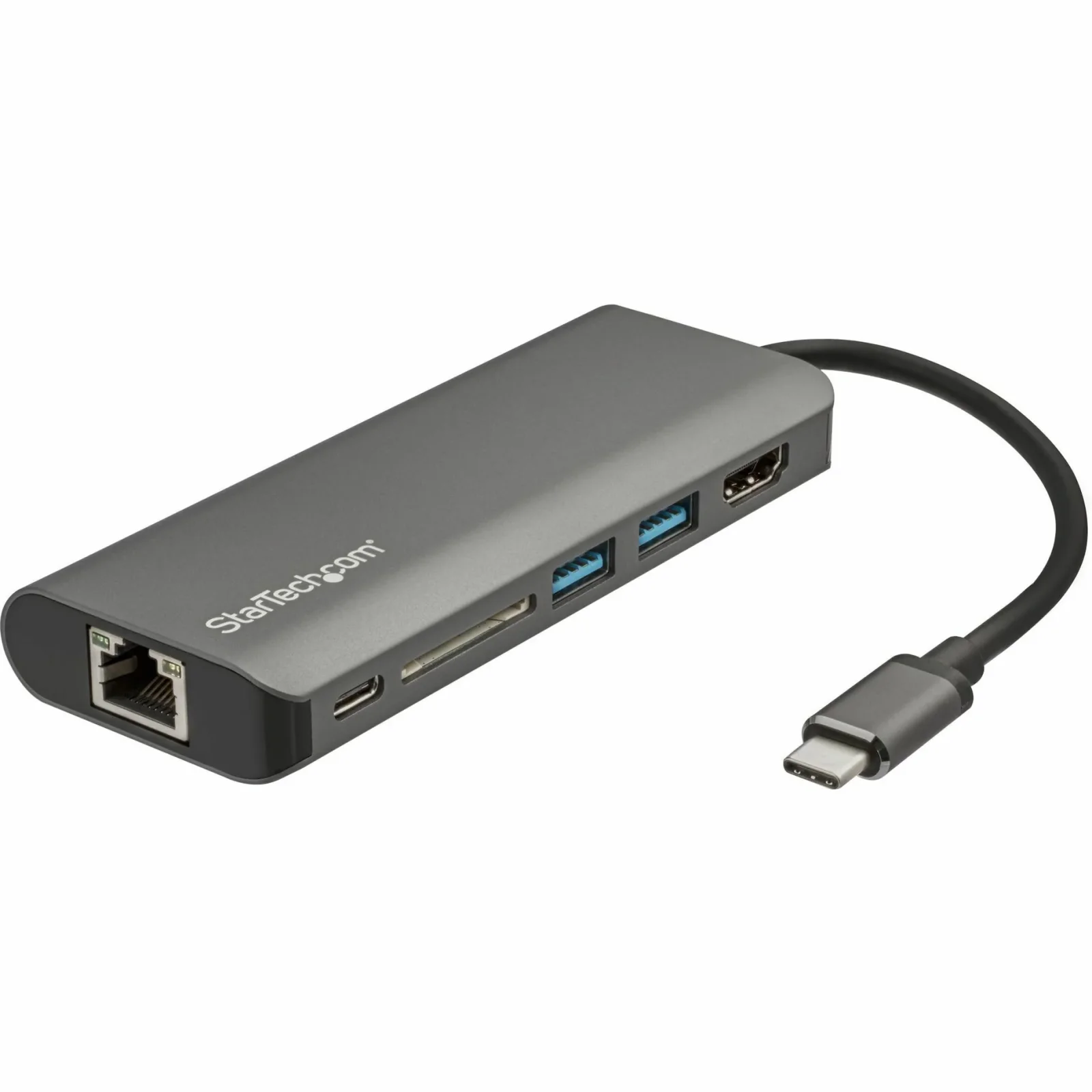 Startech.Com ADAPTER MULTIPORT USB C - HDMI - SD PD StarTech.com USB Type C Docking Station for Notebook - Memory Card Reader - SD, SDHC, SDXC, microSDHC - 60 W - Space Gray - 1 Displays Supported - 4K - 4096 x 2160, 3840 x 2160, 2560 x 1080, 3440 x 1440 - 3 x USB Ports - 2 x USB 3.0 - USB Type-A - USB Type-C - Network (RJ-45) - HDMI - Thunderbolt - Wired - Gigabit Ethernet - macOS 14, Windows 7, Windows 8, Windows 8.1, Windows 10, Windows 11, Mac OS X 10.11 El Capitan, Mac OS X 10.15 Catalina