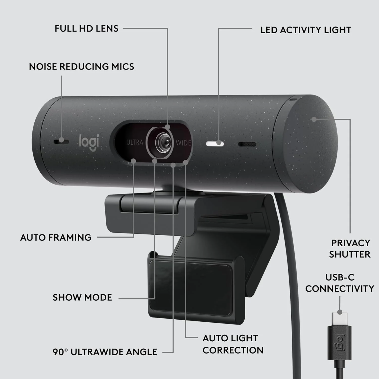 Logitech Brio 505 Graphite Logitech BRIO 505 Video Conferencing Camera - 4 Megapixel - 60 fps - Graphite - USB Type C - 1920 x 1080 Video - Auto-focus - 90° Angle - 4x Digital Zoom - Microphone - For Notebook, Display Screen, Monitor view 3