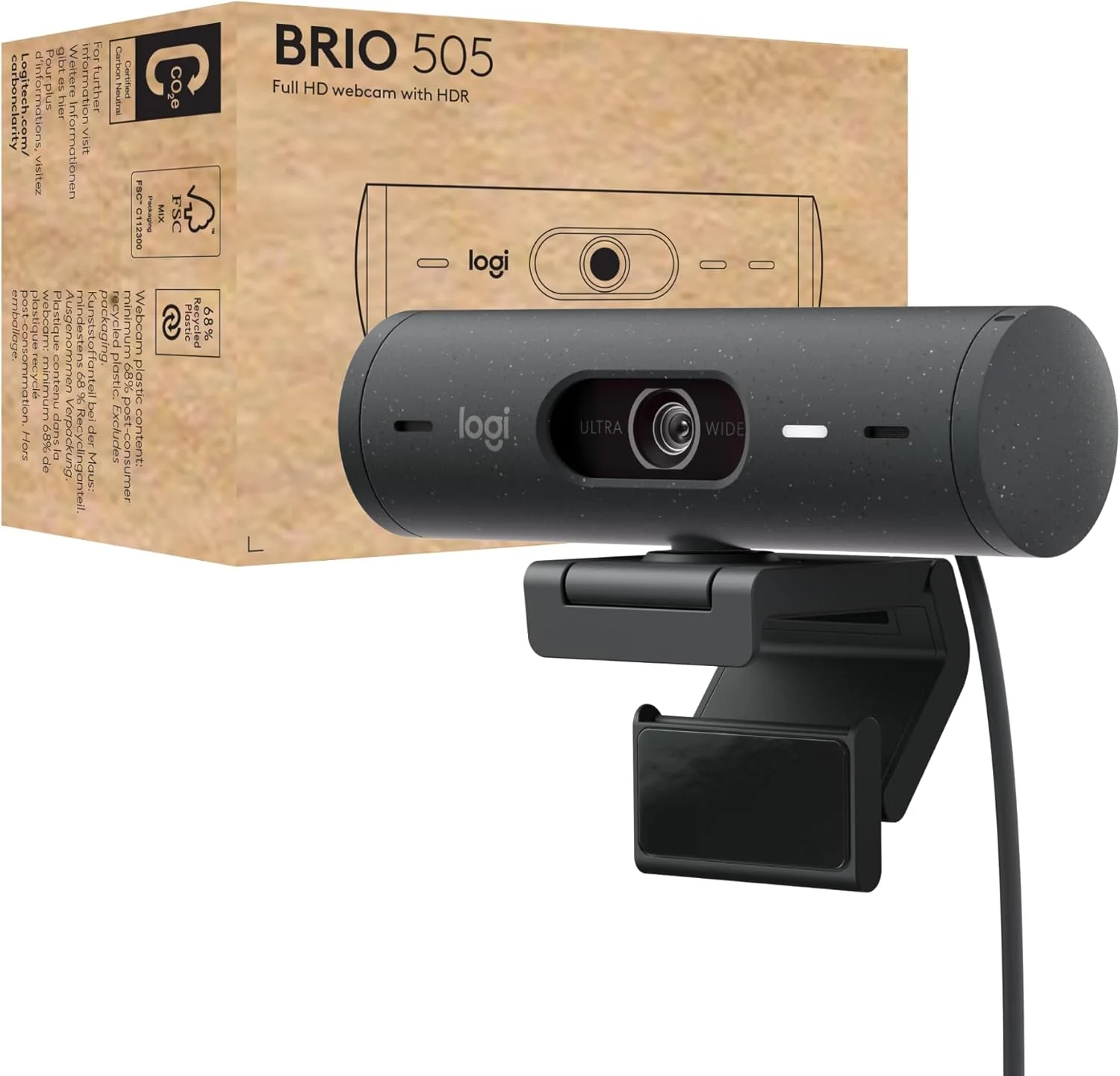 Logitech Brio 505 Graphite Logitech BRIO 505 Video Conferencing Camera - 4 Megapixel - 60 fps - Graphite - USB Type C - 1920 x 1080 Video - Auto-focus - 90° Angle - 4x Digital Zoom - Microphone - For Notebook, Display Screen, Monitor