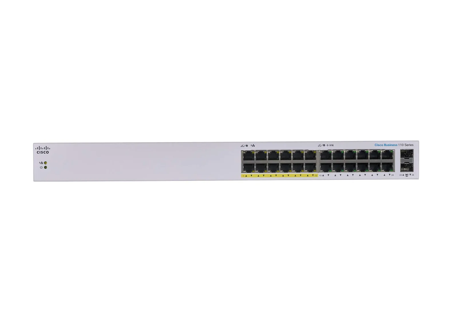 Cisco CBS110 Unmanaged 24-port GE Partial PoE Cisco Business 110 CBS110-24PP 24 Ports Ethernet Switch - 2 Layer Supported - Modular - 2 SFP Slots - 17.29 W Power Consumption - 100 W PoE Budget - Twisted Pair, Optical Fiber - PoE Ports - 1U - Desktop, Wall Mountable, Rack-mountable