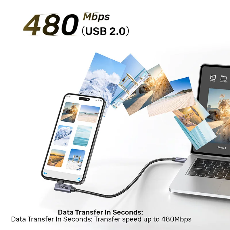 Unitek 2M 90 deg L-Shape USB-C Male to Male PD Unitek 2 m USB-C Data Transfer Cable - 1 - Cable for Notebook, Smartphone, iPhone, MacBook - First End: 1x USB 2.0 Type C - Male - Second End: 1x USB 2.0 Type C - Male - 480 Mbit/s - Black view 3