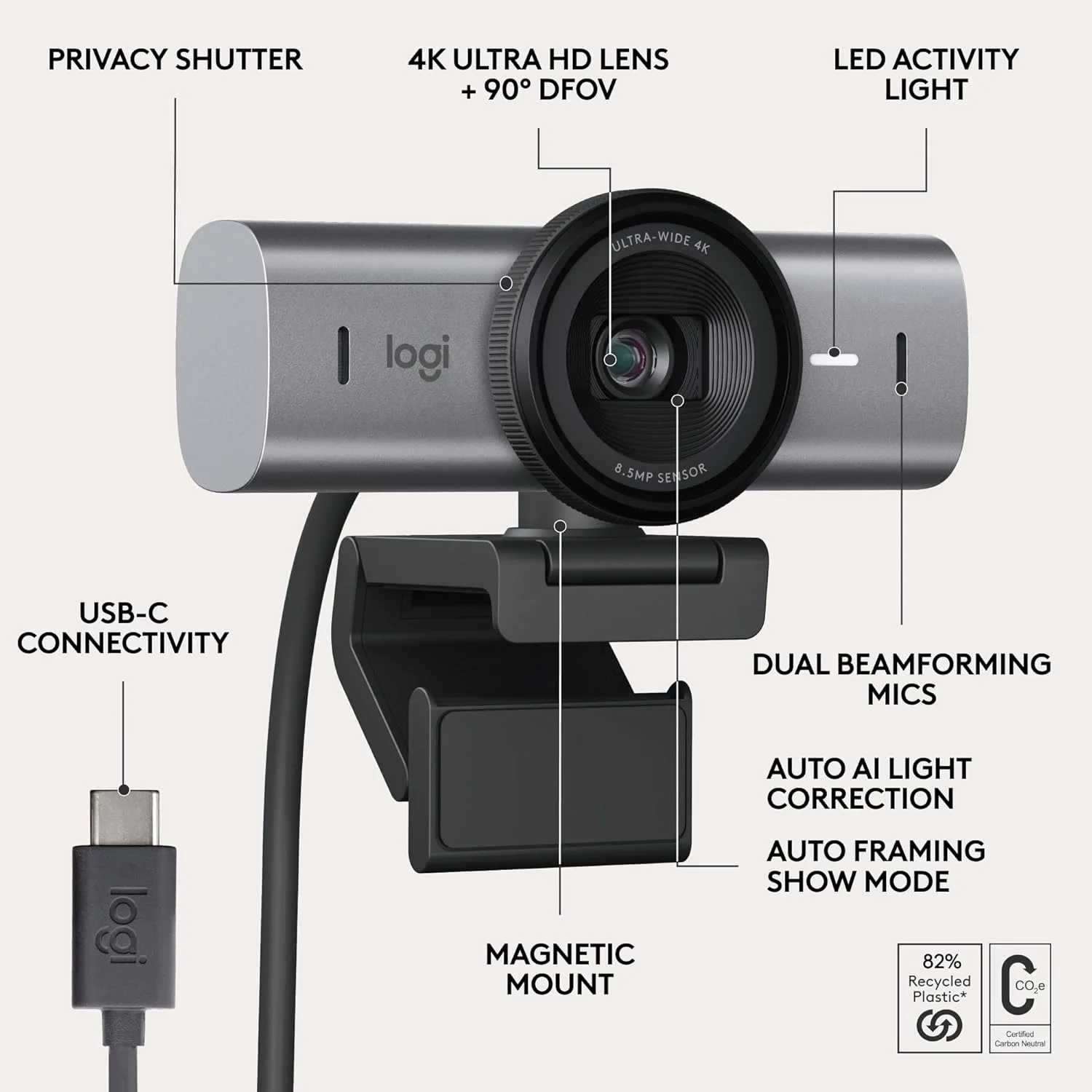 Logitech MX Brio 705 for Business Logitech BRIO 705 Webcam - 8.5 Megapixel - 60 fps - Graphite - USB Type C - 4096 x 2160 Video - STARVIS Sensor - Auto-focus - 90° Angle - Clip, Tripod Mount - 4x Digital Zoom - Microphone - For Notebook, Monitor - Windows 10, macOS 10.15, ChromeOS - AI-powered - Plug & Play, Microphone, Tripod Mount Hole, Noise Reduction, Auto Light Adjustment view 3