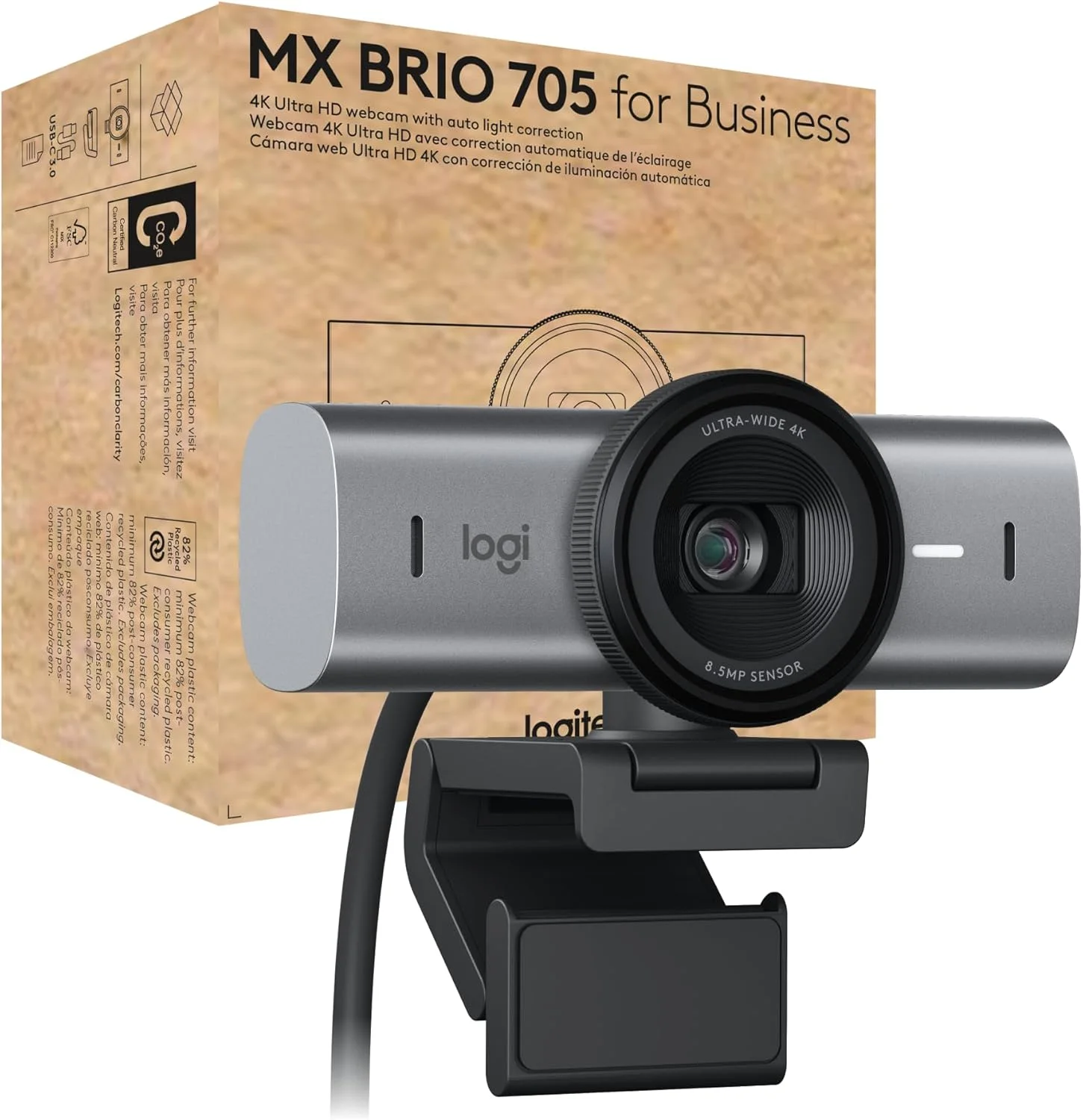Logitech MX Brio 705 for Business Logitech BRIO 705 Webcam - 8.5 Megapixel - 60 fps - Graphite - USB Type C - 4096 x 2160 Video - STARVIS Sensor - Auto-focus - 90° Angle - Clip, Tripod Mount - 4x Digital Zoom - Microphone - For Notebook, Monitor - Windows 10, macOS 10.15, ChromeOS - AI-powered - Plug & Play, Microphone, Tripod Mount Hole, Noise Reduction, Auto Light Adjustment