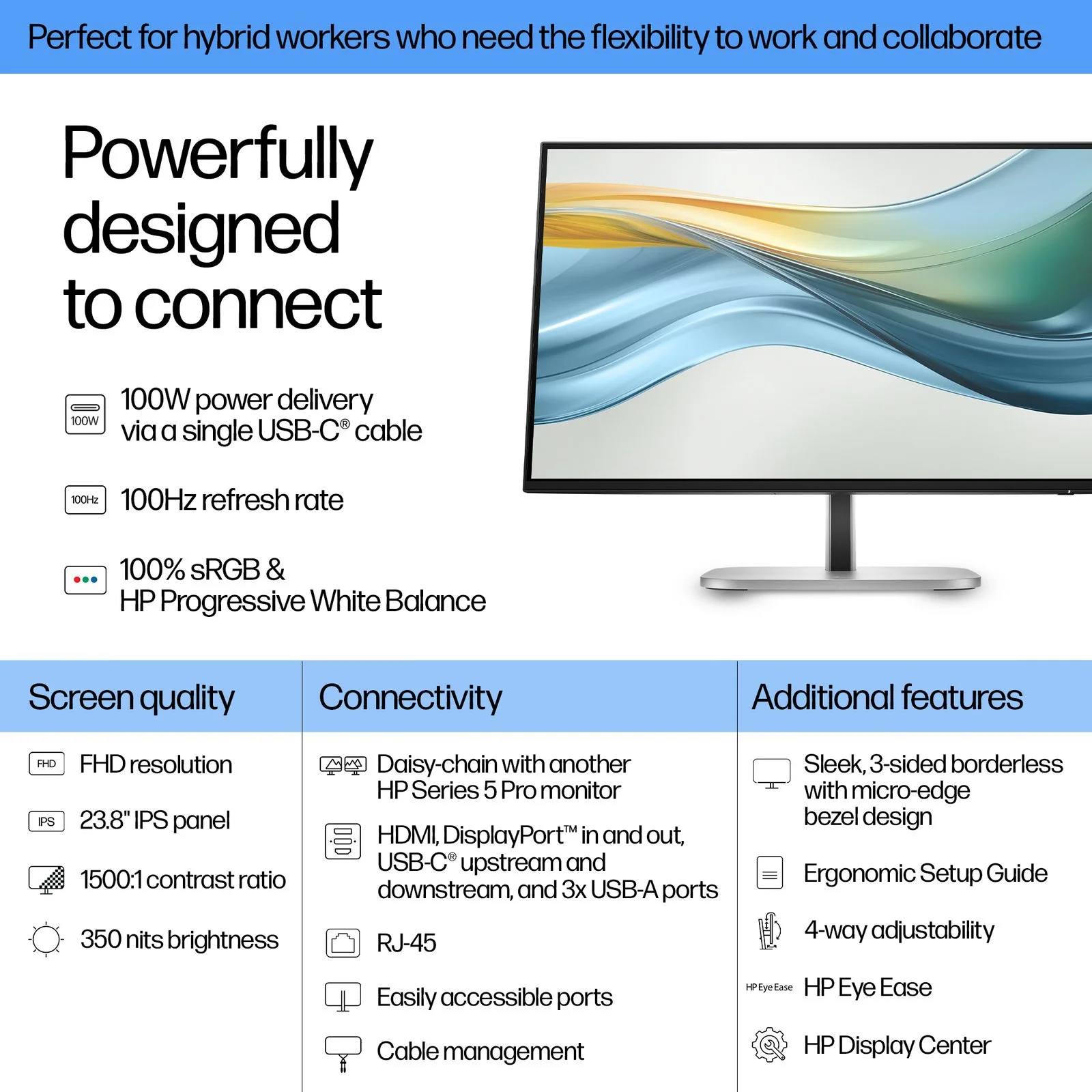 Hp S5 Pro 23.8IN FHD 524pu USB-C Monitor HP 524pu 24" Class Full HD LCD Monitor - 16:9 - 60.5 cm (23.8") Viewable - In-plane Switching (IPS) Technology - 1920 x 1080 - 350 cd/m² - 5 ms - USB Type-C - HDMI - DisplayPort - VESA Mount Compatible - USB Hub view 4