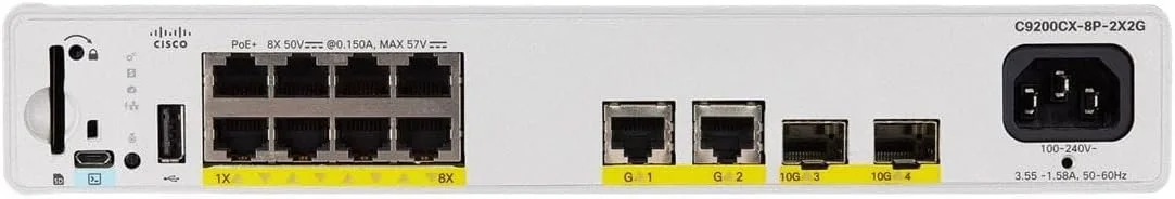 Cisco Catalyst 9000 Compact Switch 8 port PoE+, 240W,HVDC,Ess (C9200CX-8P-2XGH-E)