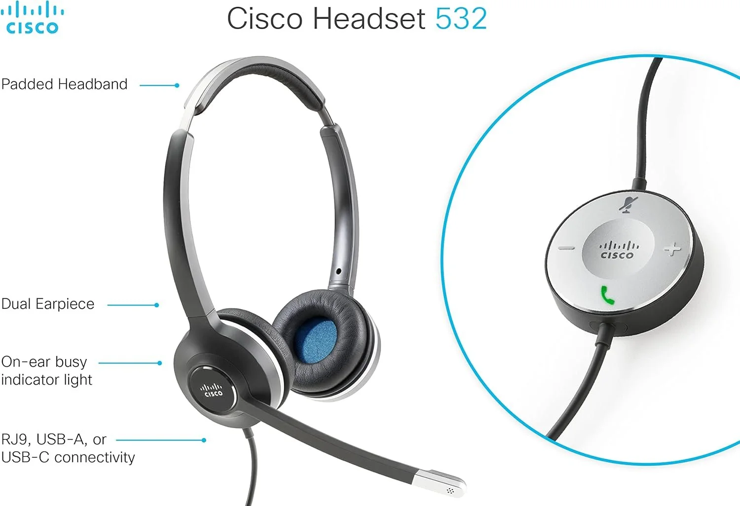 Cisco Headset 532 Wired Dual + USB Headset Adapter (CP-HS-W-532-USBA) view 2