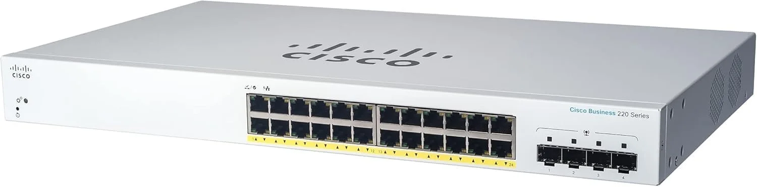 Cisco CBS220 Smart 24-port GE PoE 4x1G SFP Cisco Business 220 CBS220-24P-4G 24 Ports Manageable Ethernet Switch - Gigabit Ethernet - 10/100/1000Base-T, 1000Base-X - 2 Layer Supported - Modular - 4 SFP Slots - 30.40 W Power Consumption - 195 W PoE Budget - Optical Fiber, Twisted Pair - PoE Ports