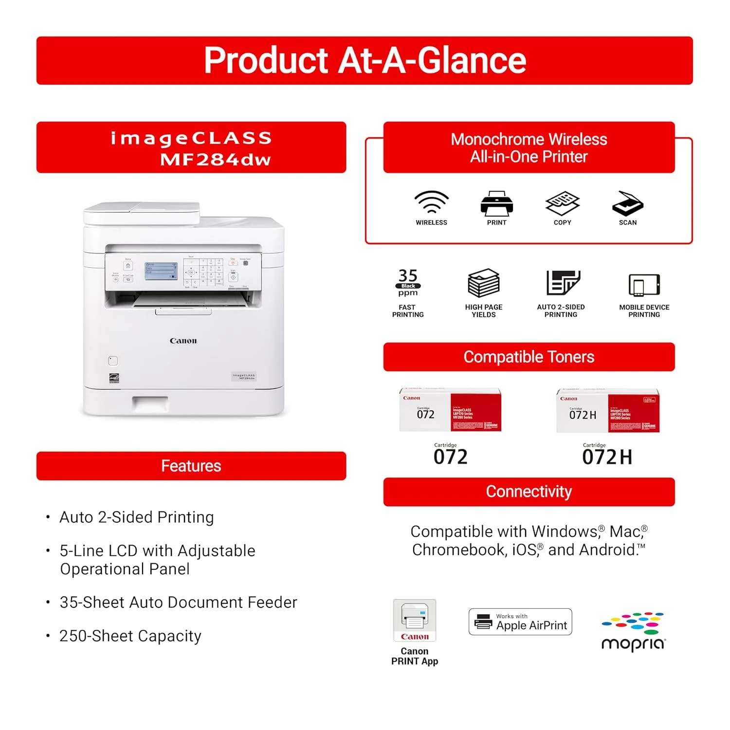 Canon 6354C017AA Canon imageCLASS MF284dw Mono Laser Printer (Wired High-Speed Ethernet, Wi-Fi, USB, Direct Connection, 5‑Line Vari-Angle LCD, New Model) view 4