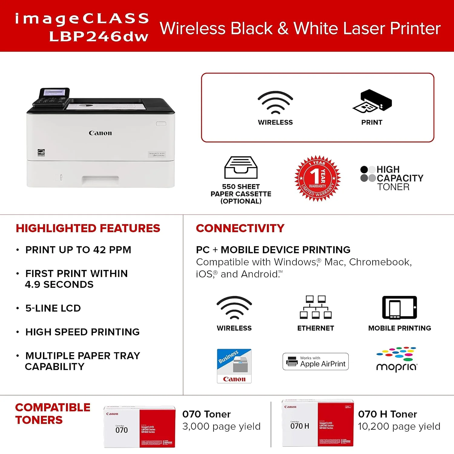 Canon 5952C009AA Canon imageCLASS LBP246dw Mono Laser Printer (Gigabit Ethernet & Wireless) view 4