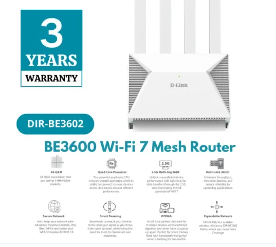 D-LINK DIR-BE3602 Wifi 7 BE3600 Dual-Band 2.5G Mesh Router