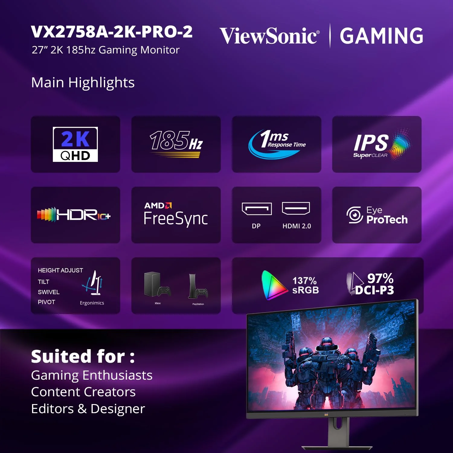 ViewSonic VX2758A-2K-PRO-4 27″ OMNI Gaming QHD 180Hz IPS Monitor view 2