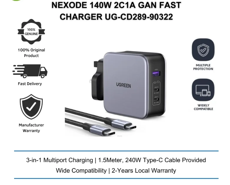 UGREEN 90322 UGREEN CD289 GaN Fast Charger 140W 2C1A with 1.5m USB-C to USB-C Cable