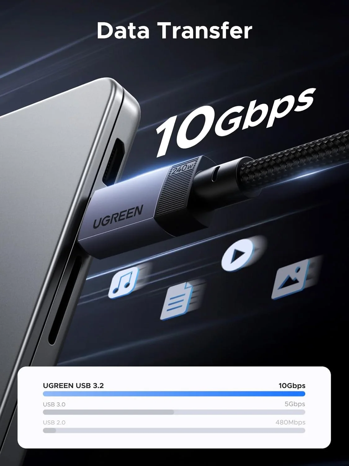 UGREEN 80150 UGREEN US355 USB-C 3.1 M/M Gen2 5A Cable with Braided 1m (Black), 240W & 10Gbps view 3