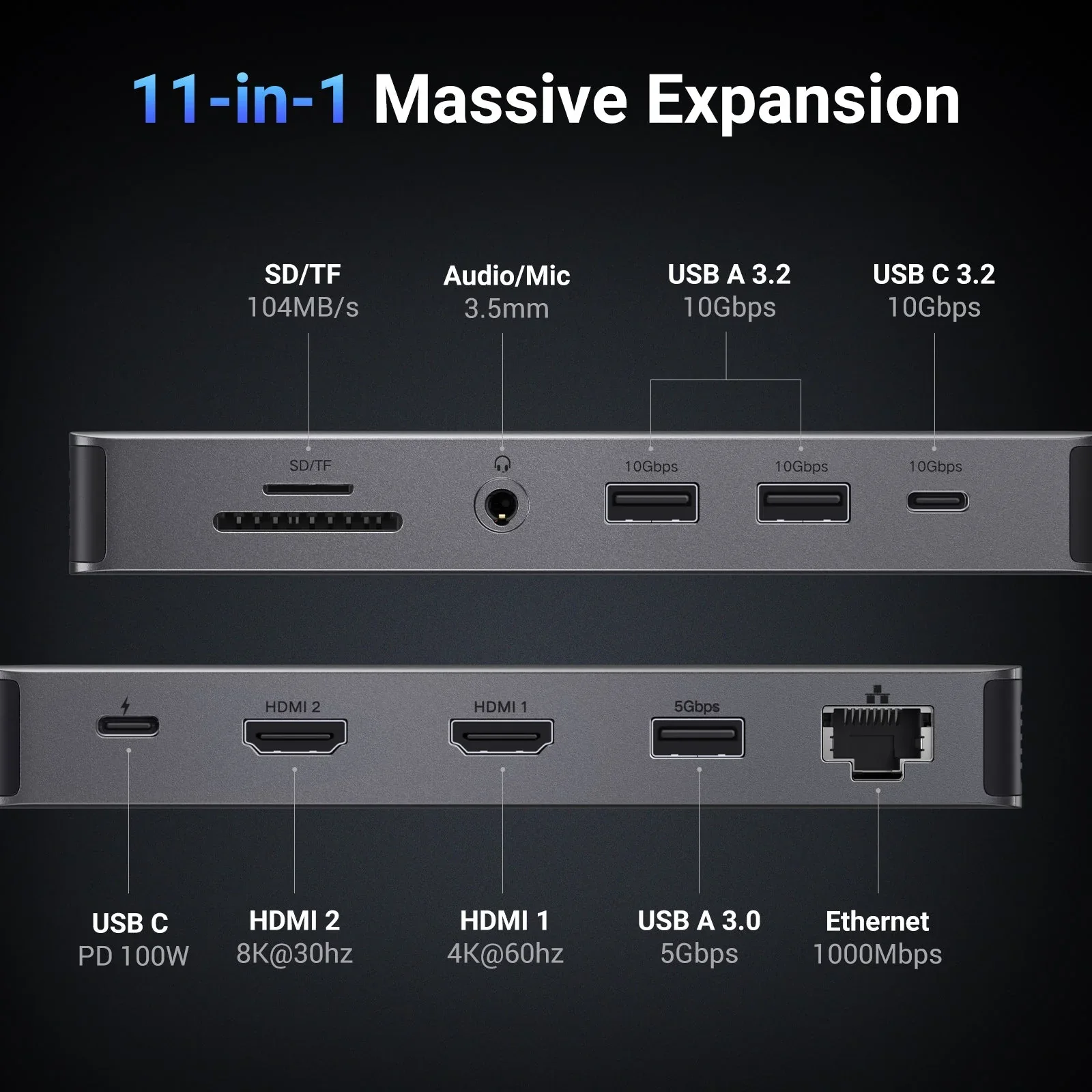 UGREEN 45520 UGREEN 45520 11-in-1 USB-C Hub (HDMI 4K@60Hz, VGA, 100W PD, RJ45, USB 3.2/3.0, SD/TF, Audio) view 3