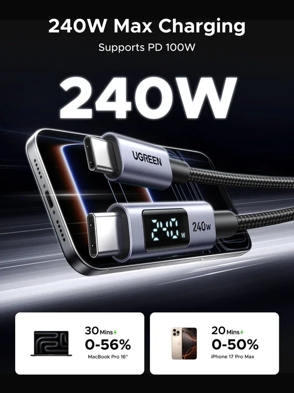 UGREEN 65175 UGREEN L705_65175 240W USB-C Cable, Gen4.0, 40Gbps, 1m, Aluminum shell braided model, Gray view 4