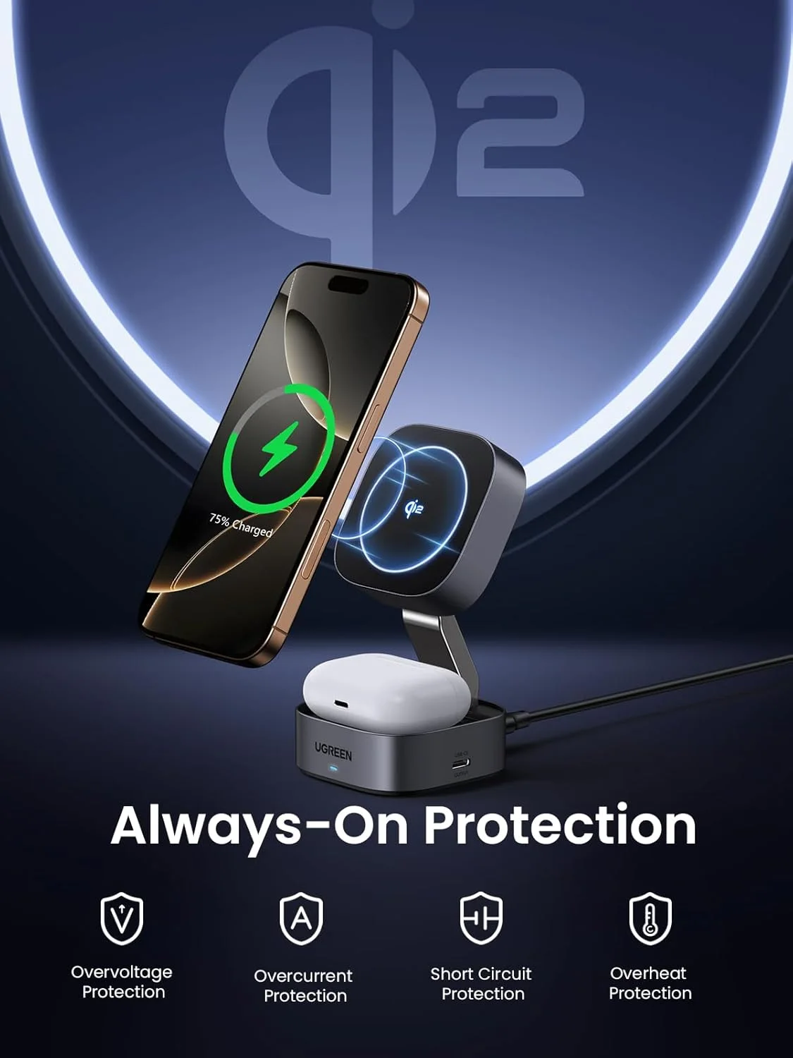 UGREEN 55963 UGREEN W756_55963 Qi2.2 30W 2-in-1 Magnetic Wireless Charger view 2