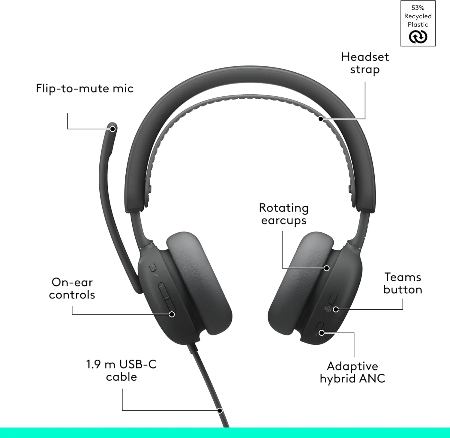 Logitech Zone Wired 2 -TEAMS Logitech Zone Wired 2 Wired Over-the-head, On-ear Stereo Headset - Graphite - Microsoft Teams Certification - Binaural - Circumaural - 190 cm Cable - Noise Cancelling Microphone - Noise Canceling - USB Type C, USB Type A view 2