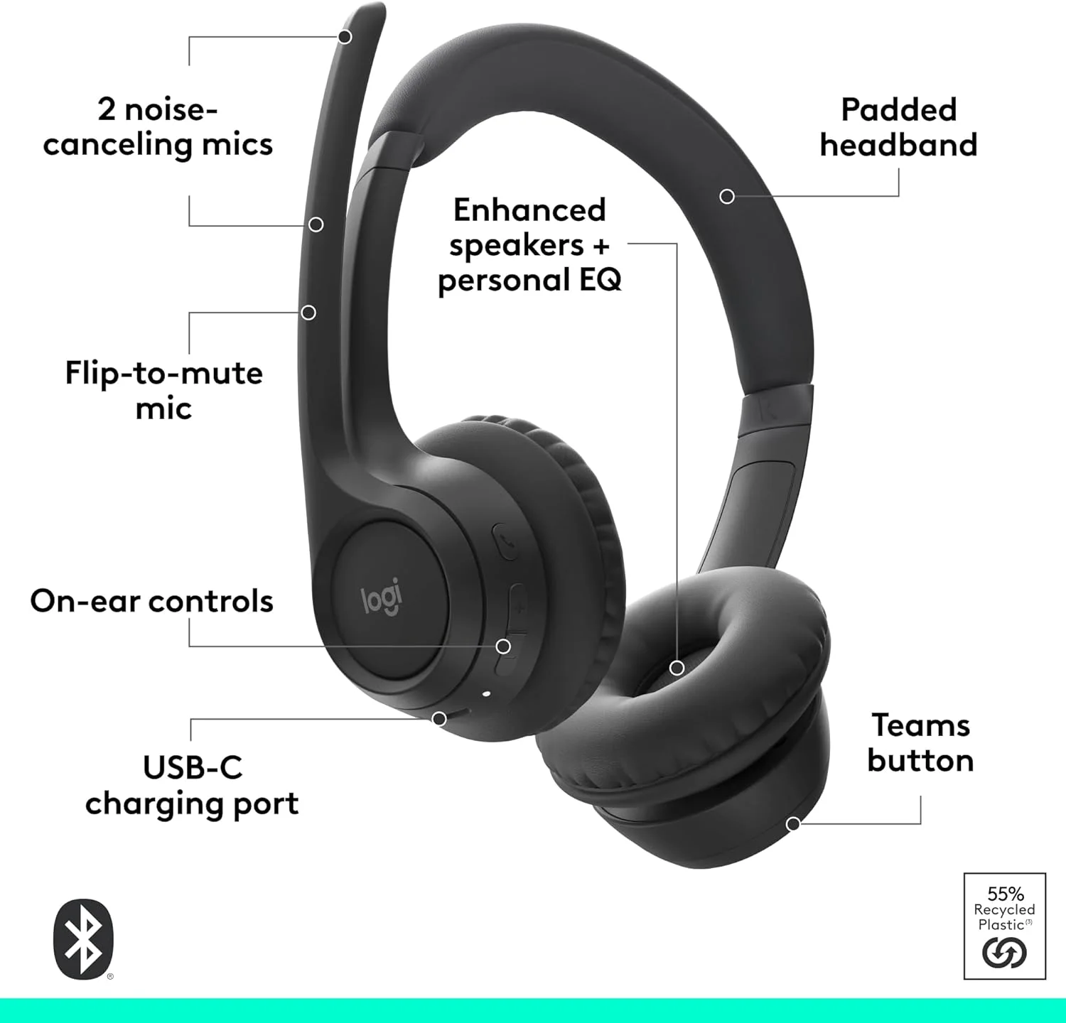 Logitech ZONE 305 HEADSET -TEAMS WITHOUT RECEIVER Logitech Zone 305 Wireless Over-the-head, On-ear Stereo Headset - Microsoft Teams Certification - Binaural - Supra-aural - 3000 cm - Bluetooth - 32 Ohm - 20 kHz to 50 kHz - Omni-directional, MEMS Technology, Noise Cancelling Microphone - Noise Canceling view 2