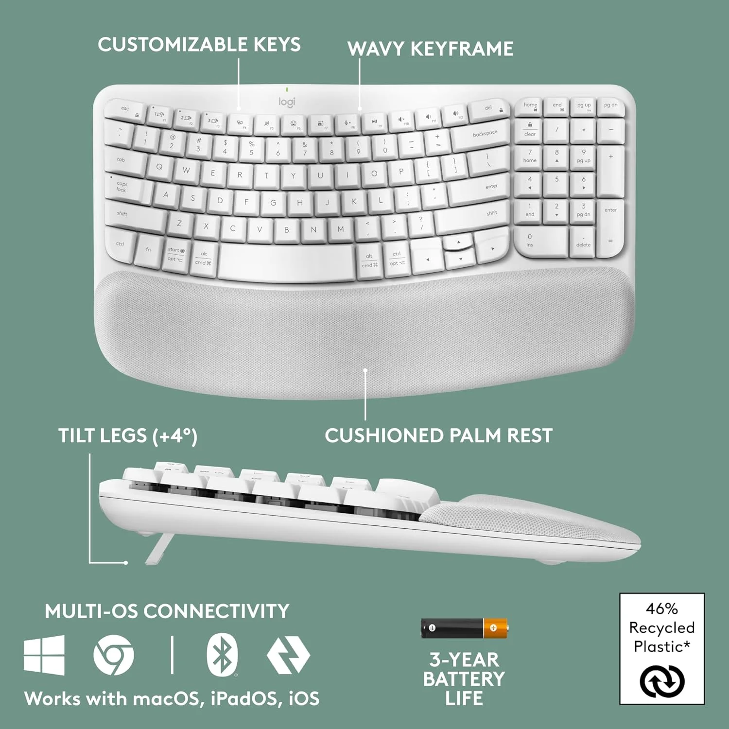 Logitech 920-012282 Logitech Wave Keys Ergo Wireless Keyboard - Pale Grey