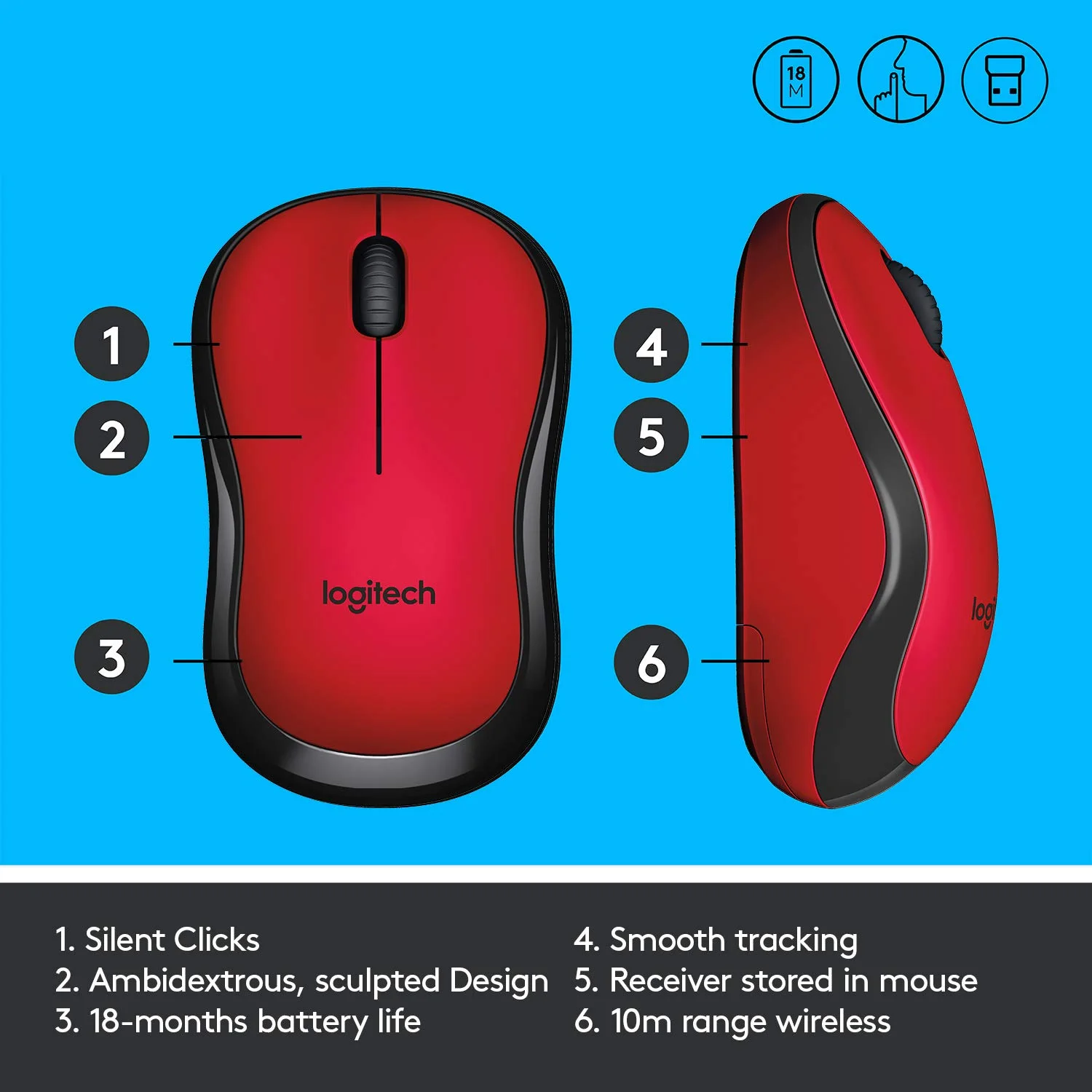 Logitech 910-004884 Logitech M221 Silent Wireless Mouse - Red view 4