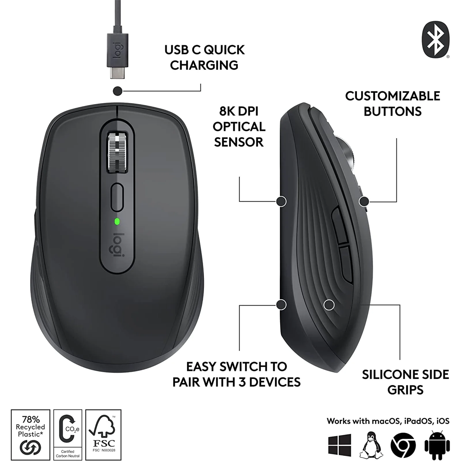Logitech 910-006932 Logitech MX Anywhere 3S Wireless Mouse - Graphite view 2