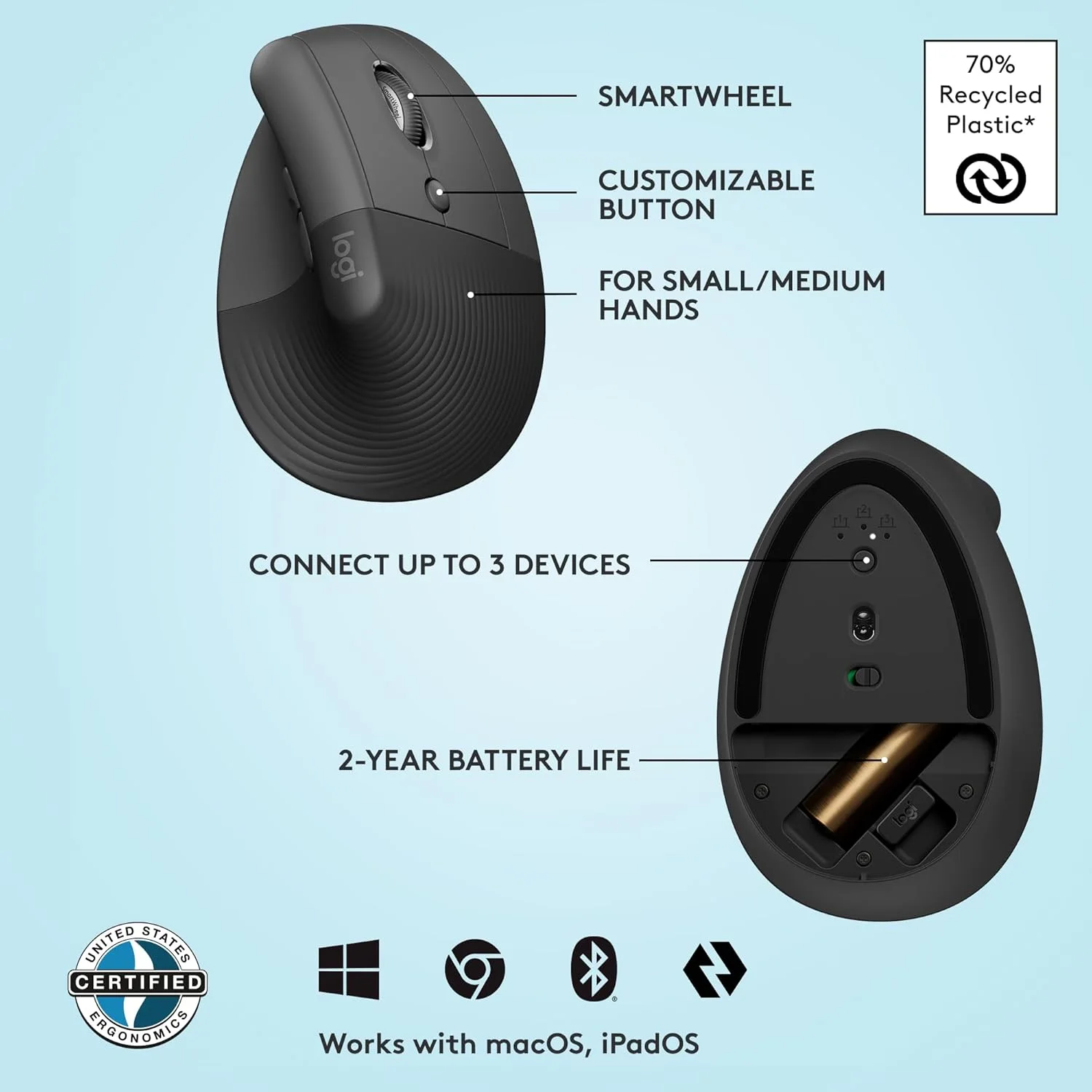 Logitech 910-006479 Logitech Lift Vertical Ergo Wireless Mouse - Graphite view 2