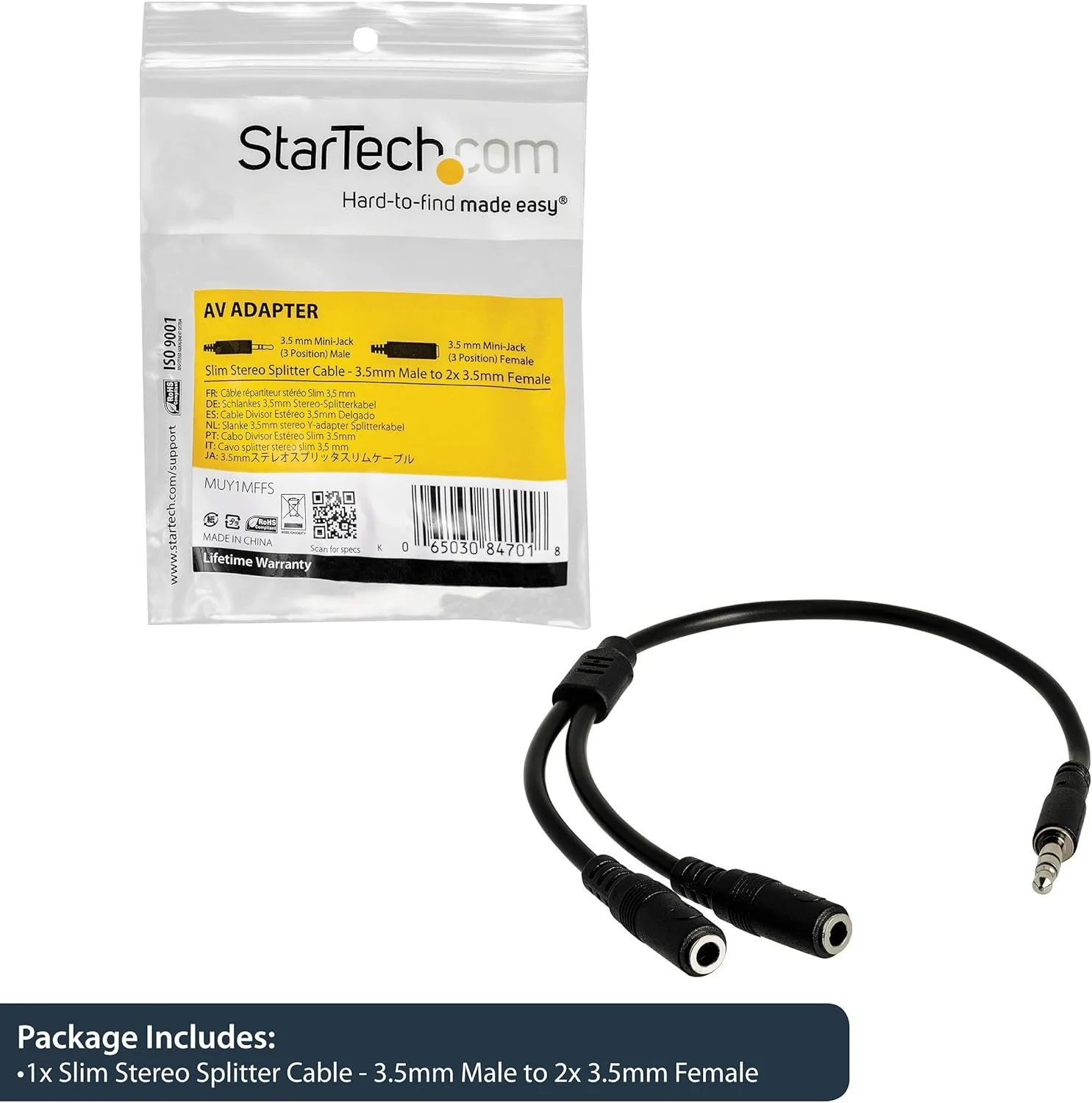 Startech.Com Slim Stereo Y Cable 3.5 to 2x 3.5mm StarTech.com 20 cm Mini-phone Audio Cable - 1 Each - Cable for Audio Device, Headphone, Speaker, Cellular Phone, iPhone - First End: 1 x Mini-phone Stereo Audio - Male - Second End: 2 x Mini-phone Stereo Audio - Female - Splitter Cable - 28 AWG - Black