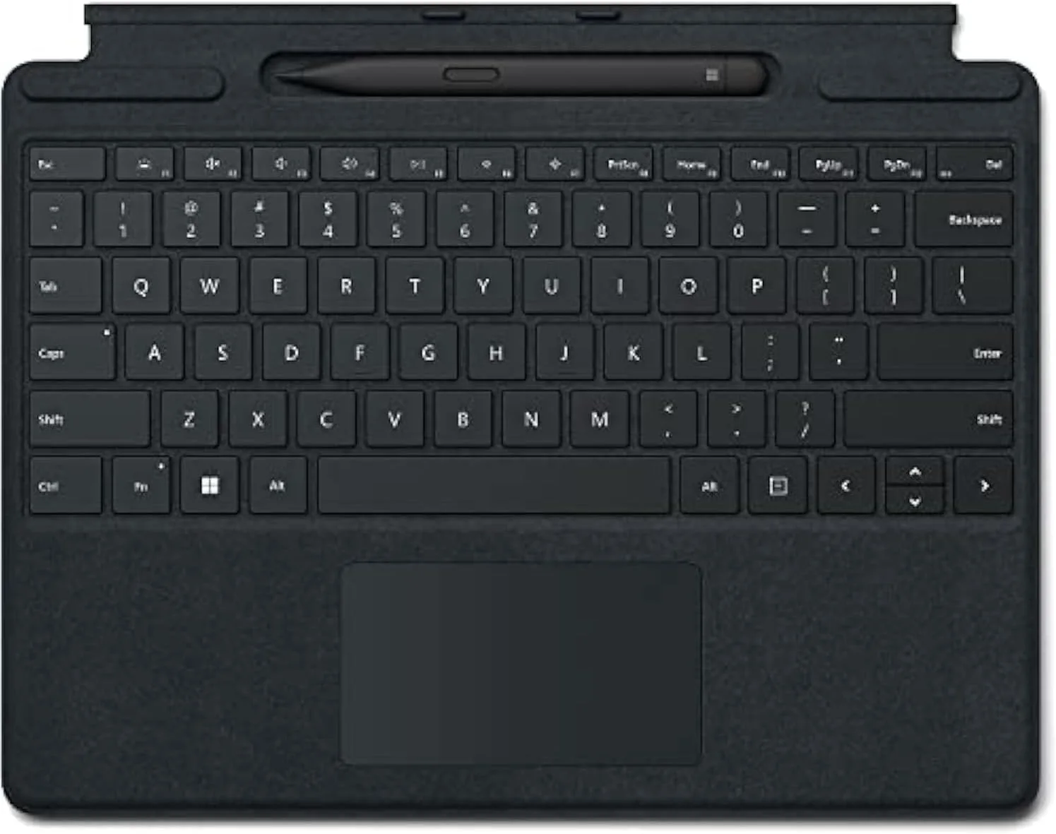 Microsoft Surf Pro Flex Keyboard with Slim Pen Blk Microsoft Surface Pro Flex Keyboard - Wireless Connectivity - TouchPad - English - QWERTY Layout - Black - Mechanical Keyswitch - Bluetooth - 10 m - CoPilot, Mute, Snipping, Screen Brightness, Media Player Hot Key(s) - Windows 11 - Notebook/Tablet - PC - Alcantara