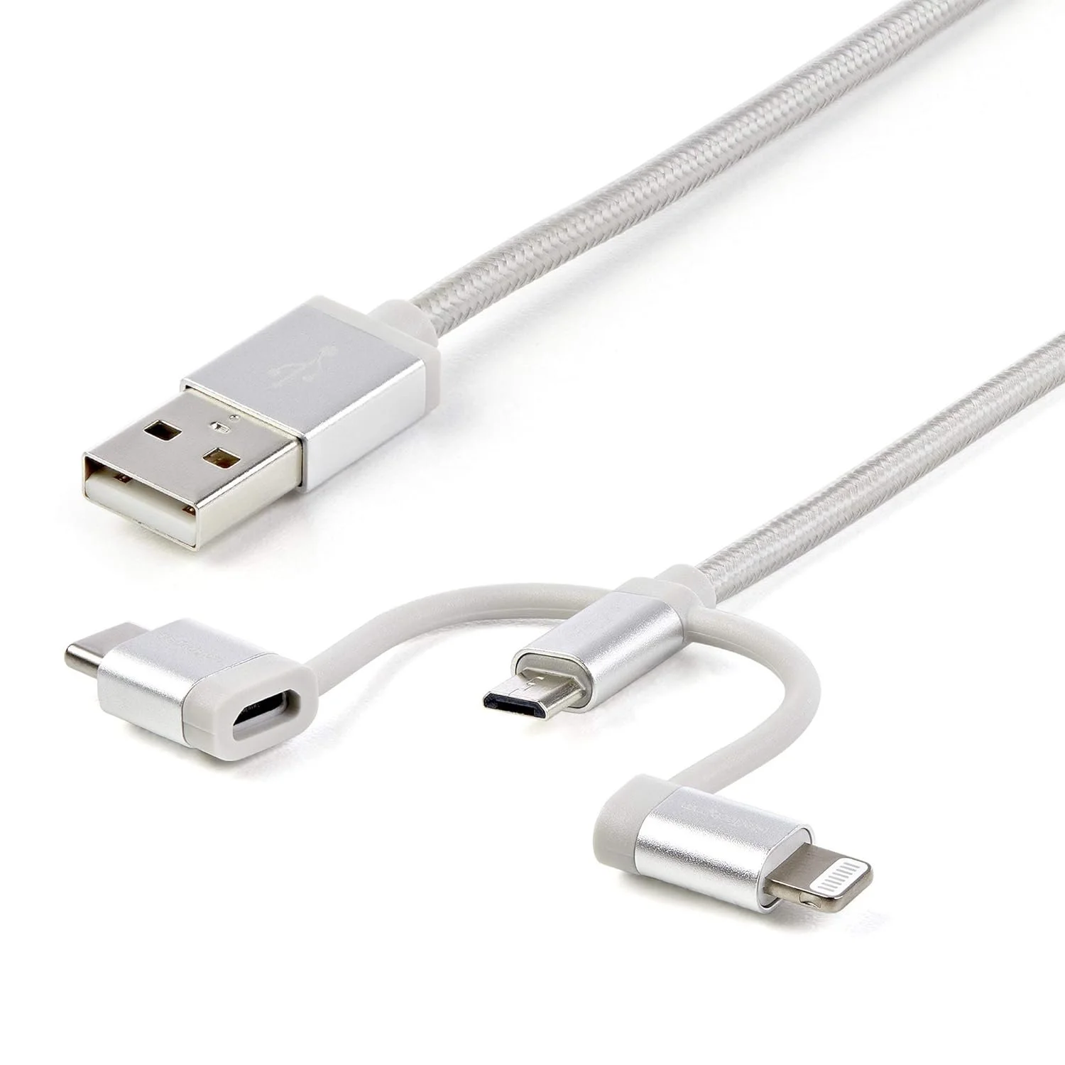 Startech.Com 1M LIGHTNING USB-C MICRO-B TO USB CABLE StarTech.com 1.01 m Lightning/USB Data Transfer Cable - 1 Each - Cable for iPod, iPad, iPhone - First End: 1 x 4-pin USB 2.0 Type A - Male - Second End: 1 x 8-pin Lightning - Male, 1 x 24-pin USB 2.0 Type C - Male, 1 x 5-pin Micro USB 2.0 Type B - Male - 480 Mbit/s - MFI - Nickel Plated Connector - 22/28 AWG - Silver