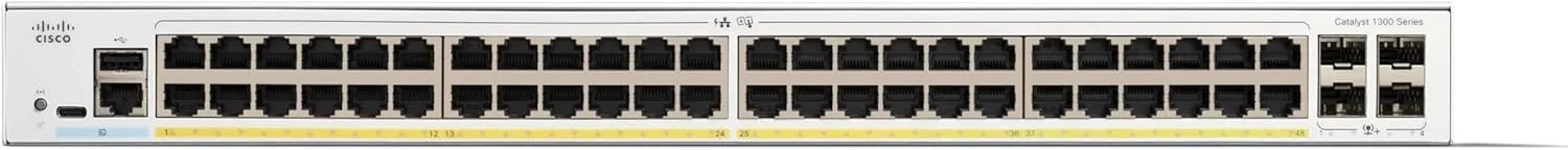 Cisco Catalyst 1300X 48-port GE 4x10G SFP+ Cisco 1300X C1300X-48T-4X 48 Ports Manageable Ethernet Switch - Gigabit Ethernet, 10 Gigabit Ethernet - 10/100/1000Base-T, 10GBase-X - 3 Layer Supported - 72.10 W Power Consumption - Twisted Pair, Optical Fiber - Compact, Rack-mountable