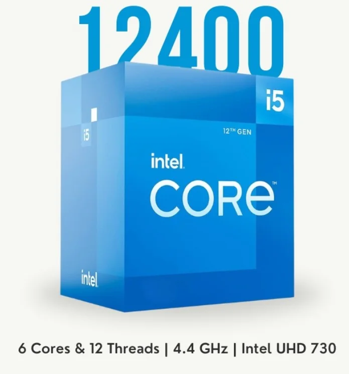 Intel I5-12400F 18M CACHE 2.5 GHZ BOXED Intel Core i5 (12th Gen) i5-12400F Hexa-core (6 Core) 2.50 GHz Processor - Retail Pack - 18 MB L3 Cache - 64-bit Processing - 4.40 GHz Overclocking Speed - Socket LGA-1700 No Graphics - 12 Threads