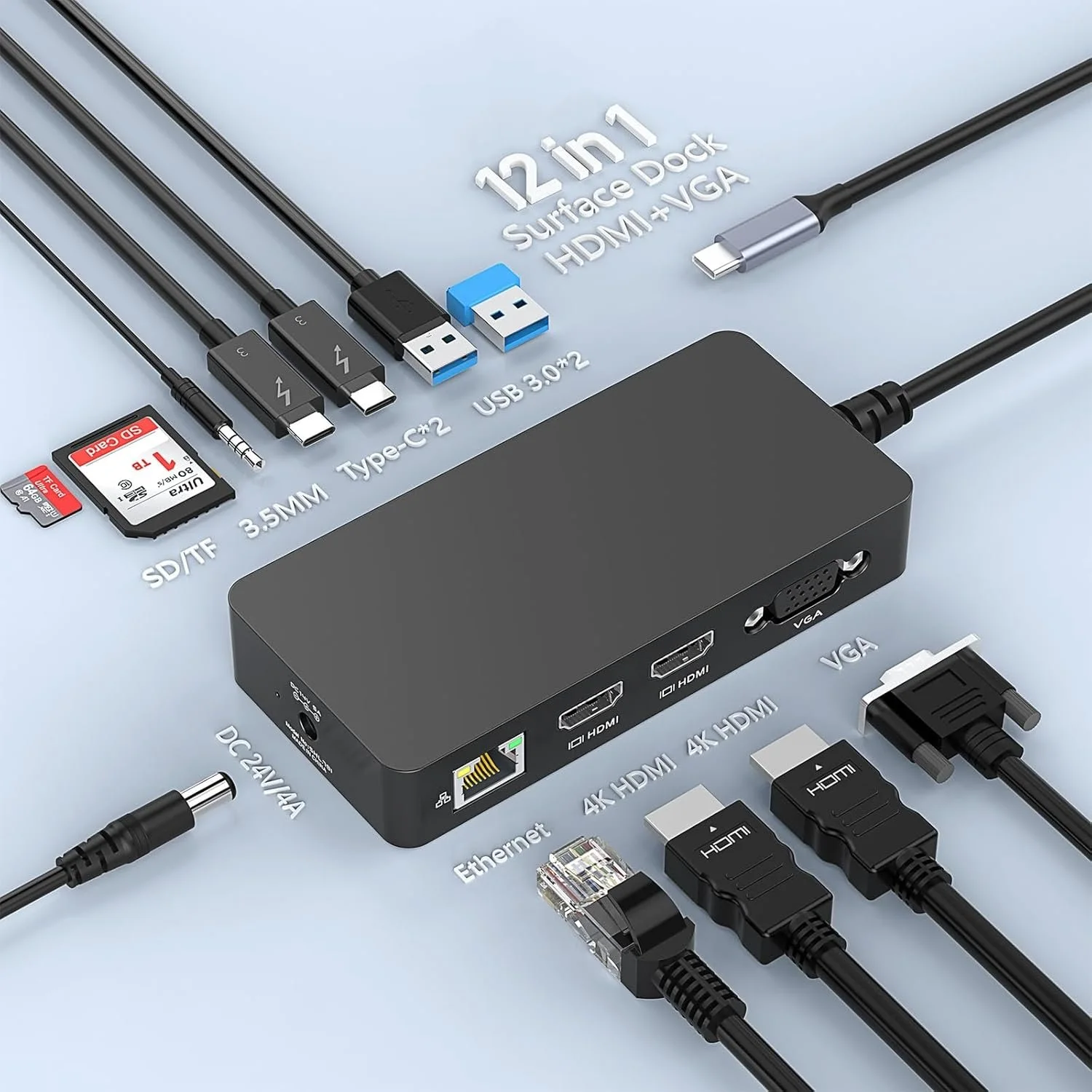Microsoft SRFC THUNDERBOLT 4 DOCK COMMERCIAL Microsoft Thunderbolt 4 Docking Station for Tablet, Webcam, Smartphone, Notebook, Monitor - 165 W Power Supply - 2 Displays Supported - 4K - 3840 x 2160 - 6 x USB Ports - 3 x USB Type-A Ports - USB Type-A - 3 x USB Type-C Ports - USB Type-C - 1 x RJ-45 Ports - Network (RJ-45) - Wired - 2.5 Gigabit Ethernet - 96W USB Power Delivery