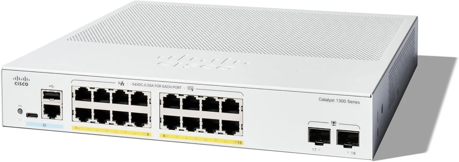 Cisco Catalyst 1300 16-port GE 2x1G SFP Cisco Catalyst 1300 C1300-16T-2G 16 Ports Manageable Ethernet Switch - Gigabit Ethernet - 10/100/1000Base-T, 1000Base-X - 3 Layer Supported - Modular - 2 SFP Slots - 18.37 W Power Consumption - Optical Fiber, Twisted Pair - 1U - Rack-mountable