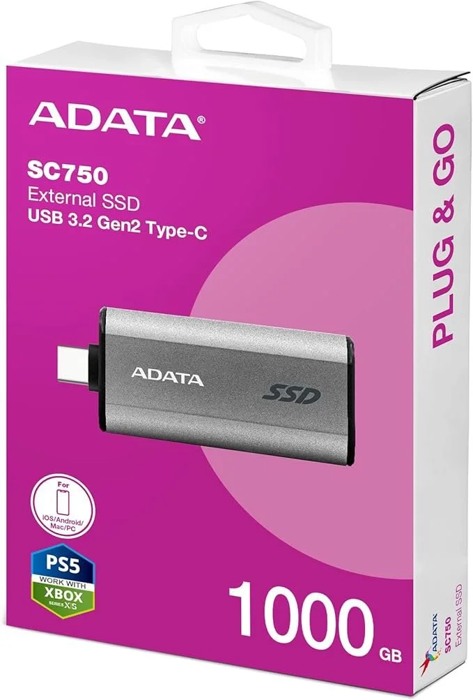 ADATA SC750-1000G-CCBK SC750 1TB Portable SSD (Compact | Cableless)Designed for mobile phones, lightweight and works without data cables