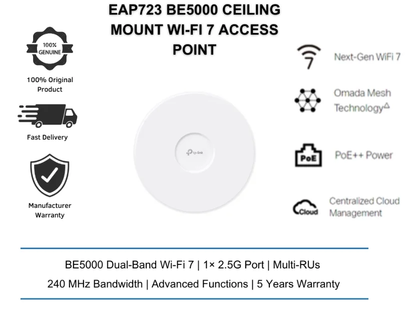 TP-Link Omada EAP723 BE5000 Ceiling Mount Dual-Band Wi-Fi 7 Access Point