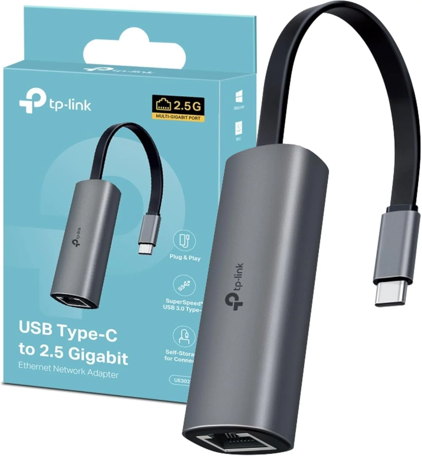 TP-Link UE302C 2.5 Gigabit USB-C Ethernet Adapter, Aluminum, Foldable Portable Design