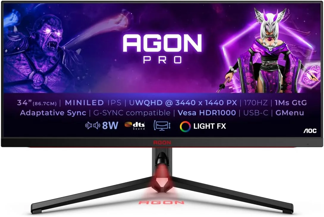 AOC PHI-AG344UXM AOC MONITOR 34" AGON PRO AG344UXM IPS MiniLED GAMING 170HZ HDMI2.1X2 DP1.4, USB-C 3.2 (DP Alt, 90W) HAS VESA SPK