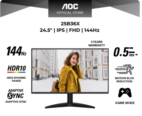 AOC PHI-25B36X AOC MONITOR 24.5" 25B36X IPS FHD LED ADAPTIVE SYNC 144HZ 0.5MS HDMI 1.4 DP 1.4 FLICKERFREE LOW BLUE