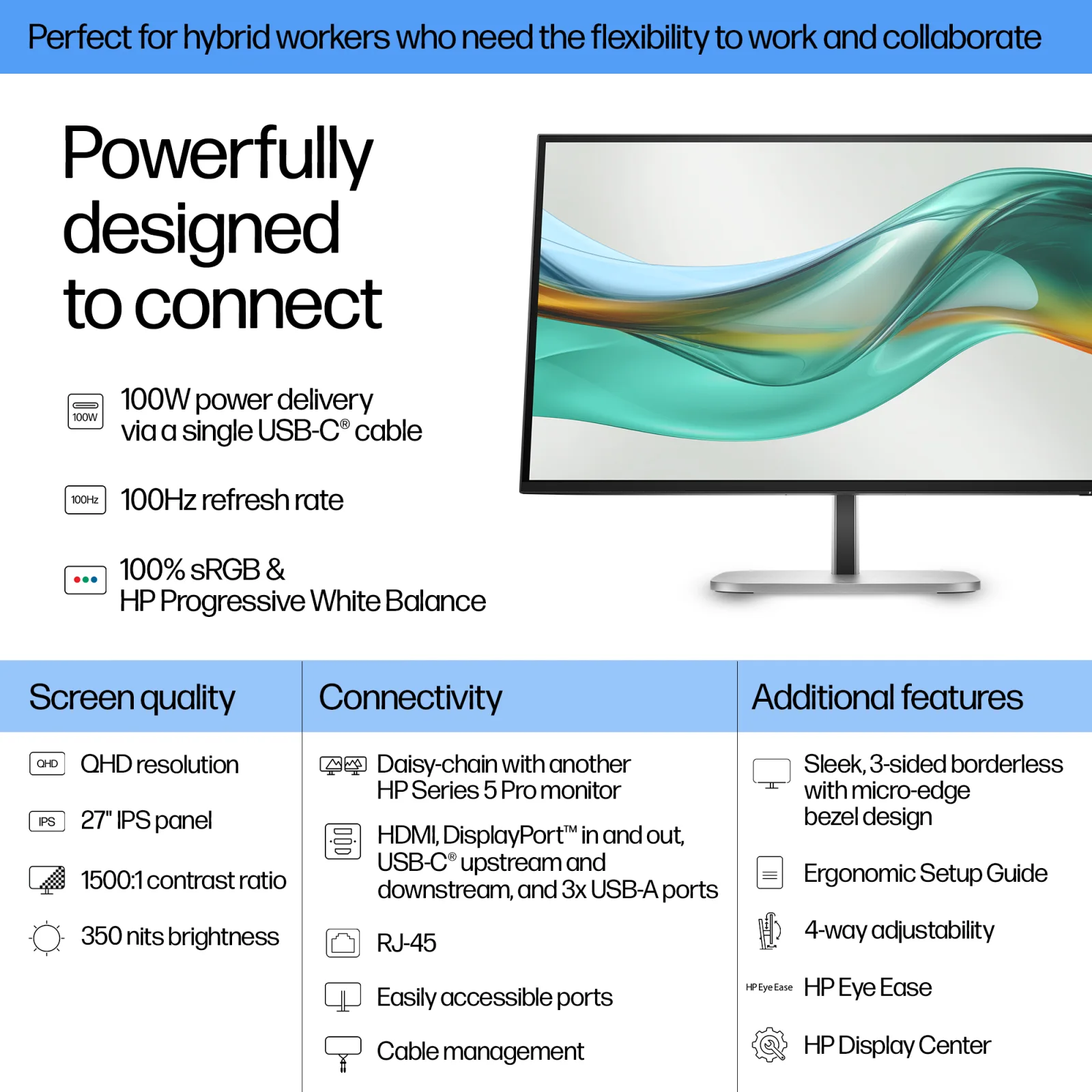 Hp S5 Pro 27IN QHD 527pu USB-C Monitor HP 527pu 27" Class WQHD LCD Monitor - 68.6 cm (27") Viewable - In-plane Switching (IPS) Technology - 2560 x 1440 - 350 cd/m² - 5 ms - USB Type-C - HDMI - DisplayPort - VESA Mount Compatible - USB Hub view 2