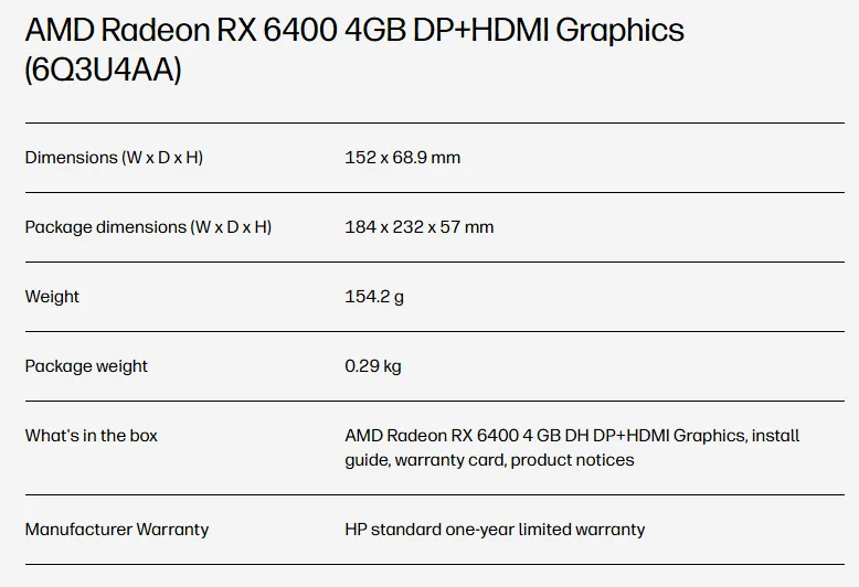 HP 6Q3U4AA HP AMD Radeon RX 6400 4 GB DH DP+HDMI Graphics view 2