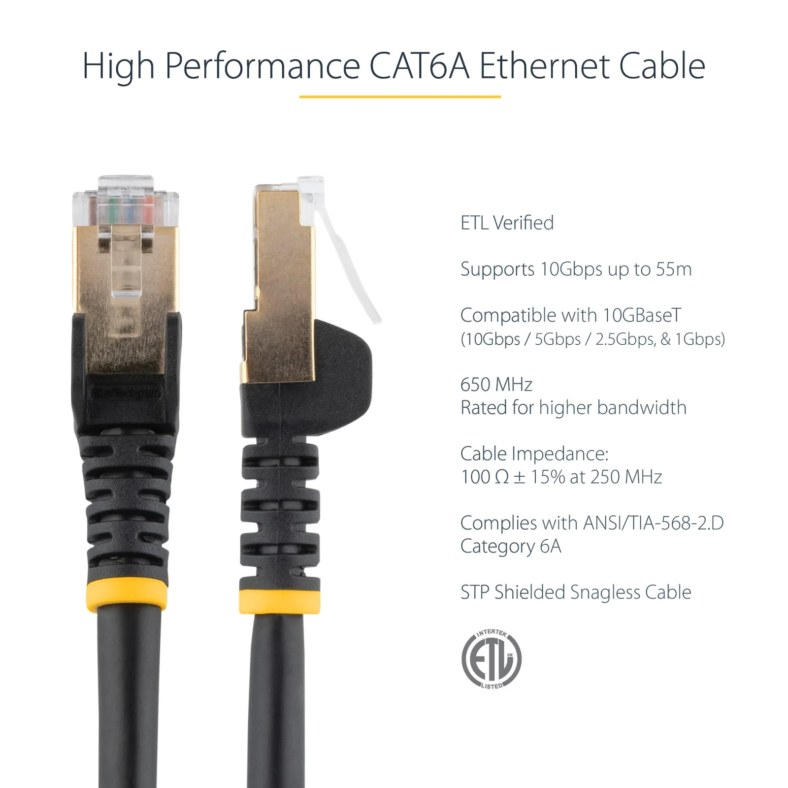 Startech.Com Cable - Black CAT6a Ethernet Cable 5m StarTech.com 5m CAT6a Ethernet Cable - 10 Gigabit Category 6a Shielded Snagless 100W PoE Patch Cord - 10GbE Black UL Certified Wiring/TIA - Cable for PoE-enabled Device, Computer, Hub, Router, Patch Panel - First End: 1 x RJ-45 Network - Male - Second End: 1 x RJ-45 Network - Male - 10 Gbit/s - Patch Cable - Shielding - Gold Plated Connector - 26 AWG - Black