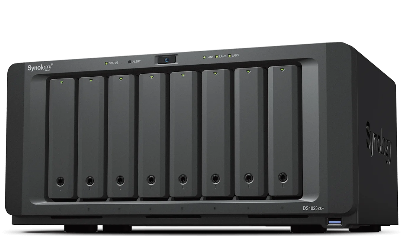 Synology 8-bay DiskStation Quad Core AMD Ryzen Synology DiskStation DS1823XS+ 8 x Total Bays SAN/NAS Storage System - AMD Ryzen V1780B Quad-core (4 Core) 3.35 GHz - 8 GB RAM - DDR4 SDRAM Desktop - 0 x HDD Installed - Serial ATA Controller - RAID Supported - 0, 1, 5, 6, 10, Basic, Hybrid RAID, JBOD RAID Levels - 3 x RJ-45 - Gigabit Ethernet, 10 Gigabit Ethernet - DiskStation Manager