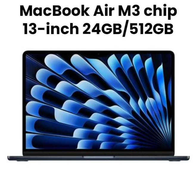 Apple MC8Q4ZP/A 13-inch MacBook Air: Apple M3 chip with 8-core CPU and 10-core GPU, 24GB, 512GB SSD - Midnight