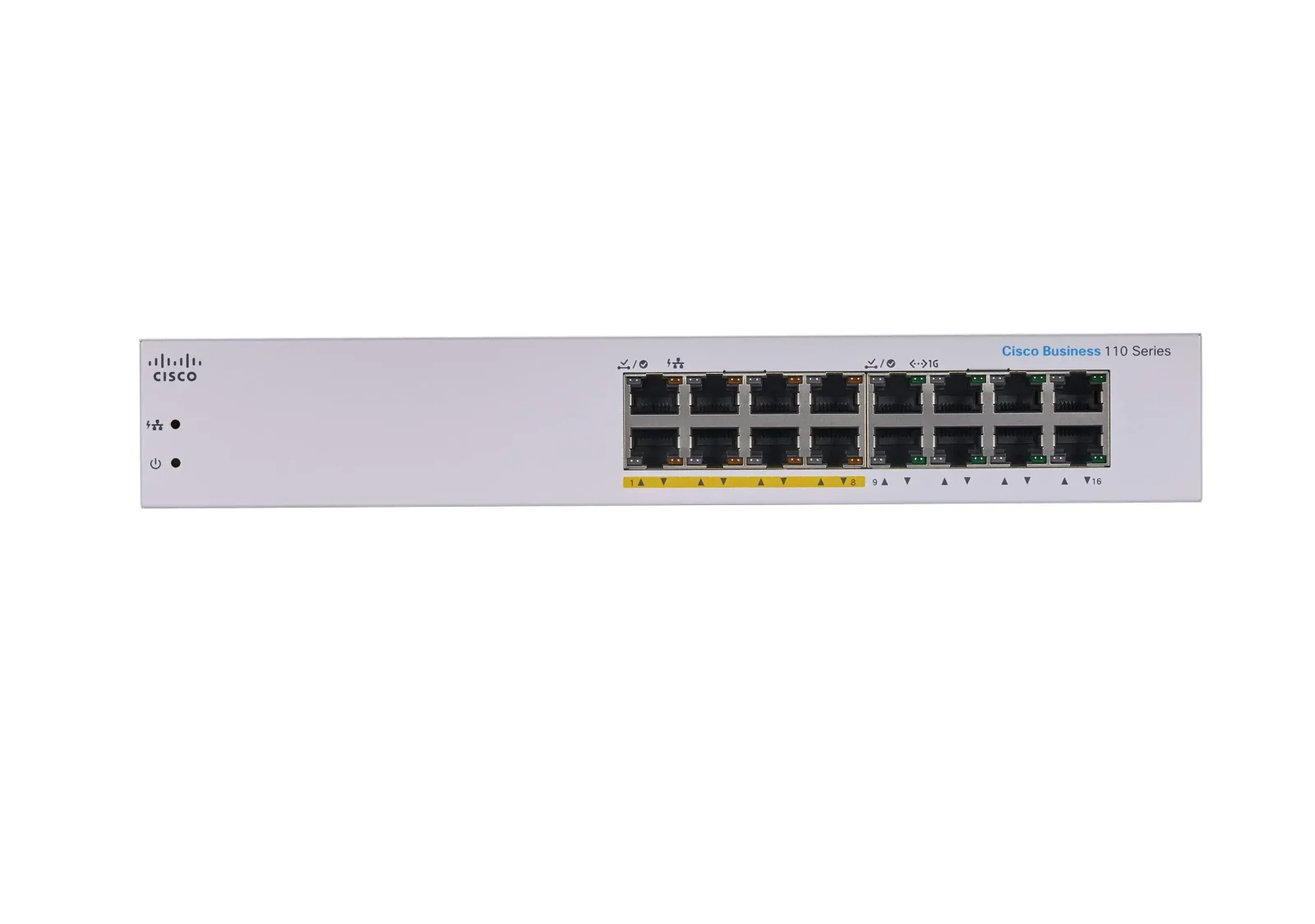 Cisco CBS110 Unmanaged 16-port GE Partial PoE Cisco Business 110 CBS110-16PP 16 Ports Ethernet Switch - Gigabit Ethernet - 10/100/1000Base-T - 2 Layer Supported - 11.41 W Power Consumption - 64 W PoE Budget - Twisted Pair - PoE Ports - 1U - Desktop, Wall Mountable, Rack-mountable