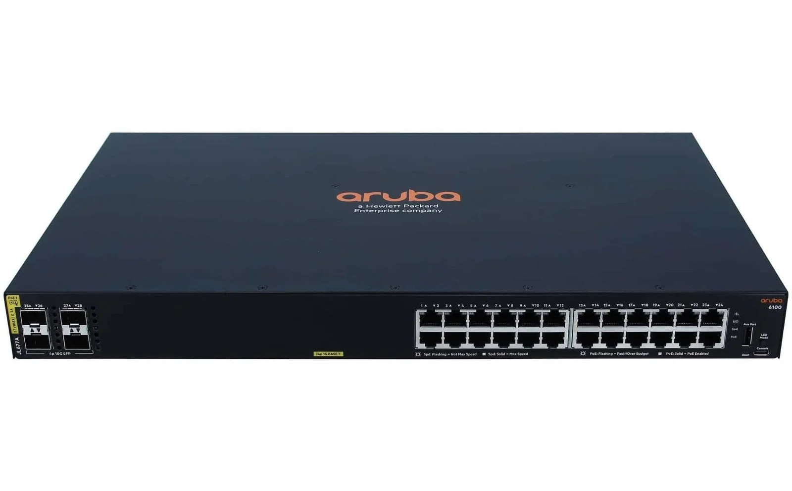 Hewlett Packard Enterprise Aruba 6100 24G CL4 4SFP+ STOCK HPE 6100 24 Ports Ethernet Switch - 3 Layer Supported - Modular - 32.70 W Power Consumption - 370 W PoE Budget - Twisted Pair, Optical Fiber - PoE Ports - 1U - Rack-mountable, Wall Mountable