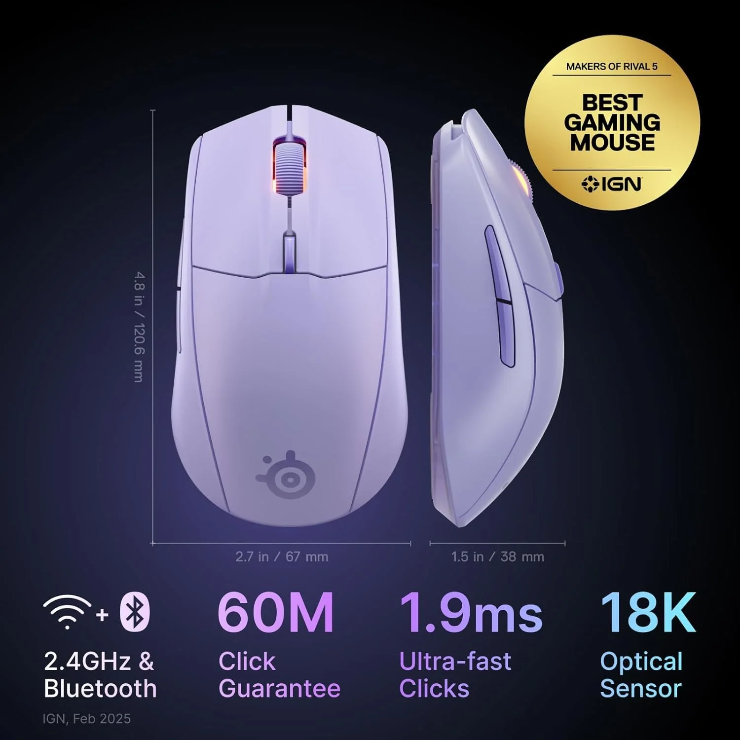 SteelSeries 62525 Rival 3 Gen 2 Wireless Gaming Mouse – Lavender view 2