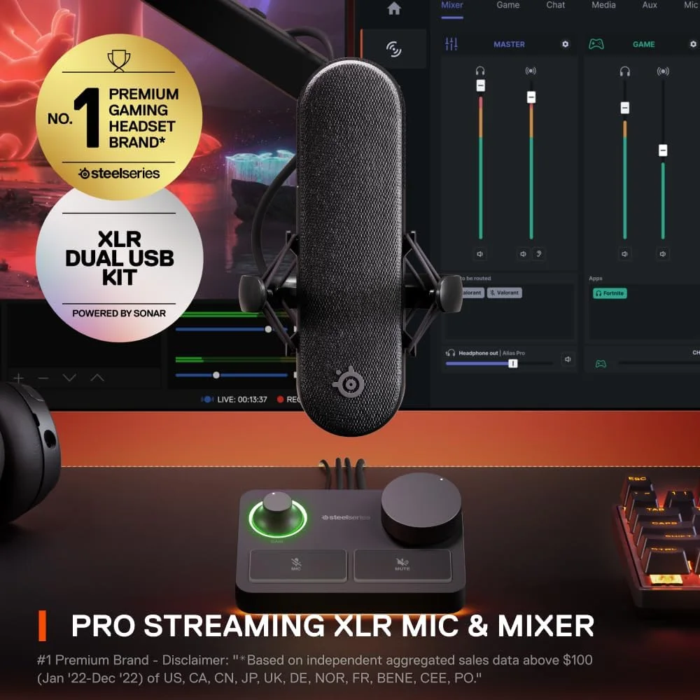 SteelSeries 61595 Alias Pro Prism Microphone with AI Noise Cancellation & Stream Mixer, Dual USB-C/XLR, Line Out, 3.5mm, Desktop Stand, Boom Arm Adapter, XLR Cable, PSU with Interchangeable Tips (Black)