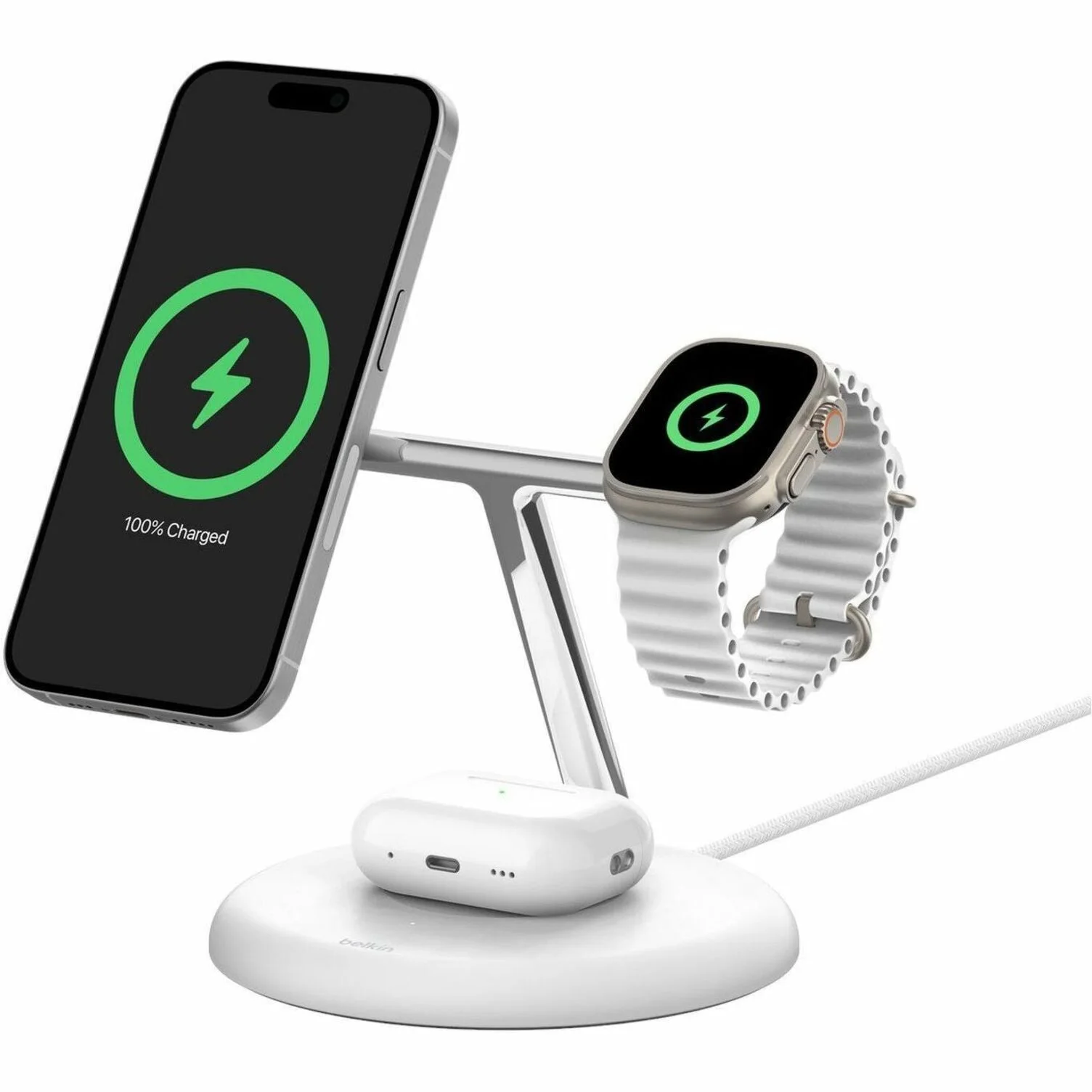Belkin BOOSTCHRGÃ¢â#¬Â¯PRO MagSafe 3-in- Belkin BoostCharge Pro Induction Charger - White - For iPhone - MagSafe Technology, Magnetic, Fast Charging, LED Indicator