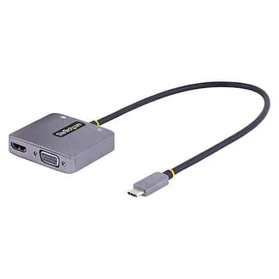Startech.Com USB C Video Adapter HDMI/VGA 4K StarTech.com A/V Adapter - 1 - 1 x 24-Pin USB Type C - Male - 1 x 24-Pin Powered USB Type C - Female, 1 x 19-Pin HDMI 2.0b Digital Audio/Video - Female, 1 x 15-Pin HD-15 VGA- Female, 1 X Mini-phone Stereo Audio - Female - 3840 x 2160 Supported - Grey