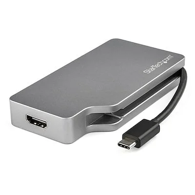 Startech.Com USB C MULTIPORT VIDEO ADAPTER StarTech.com USB C Multiport Video Adapter 4K/1080p - USB Type C to HDMI, VGA, DVI or Mini DisplayPort Monitor Adapter - Space Gray - 1 x 24-pin Type C USB Male - 1 x 25-pin DVI-D Digital Video Female, 1 x 19-pin HDMI Digital Audio/Video Female, 1 x 20-pin Mini DisplayPort Digital Audio/Video Female, 1 x 15-pin HD-15 VGA Female - 3840 x 2160 Supported - Space Gray